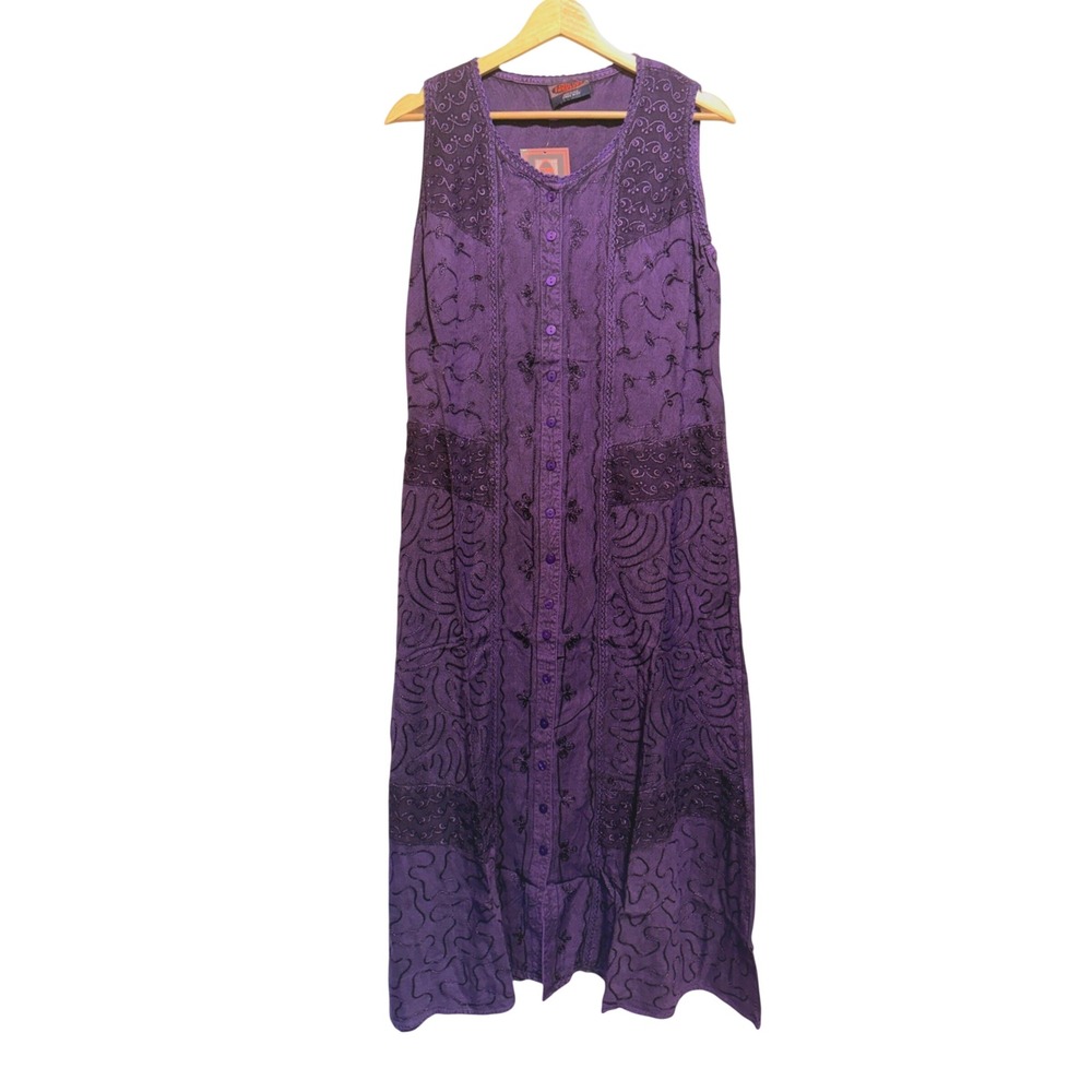 Boho Embroidered Tie Back Maxi‎ Dress Free Size/OS Purple Button Lagenlook Artsy